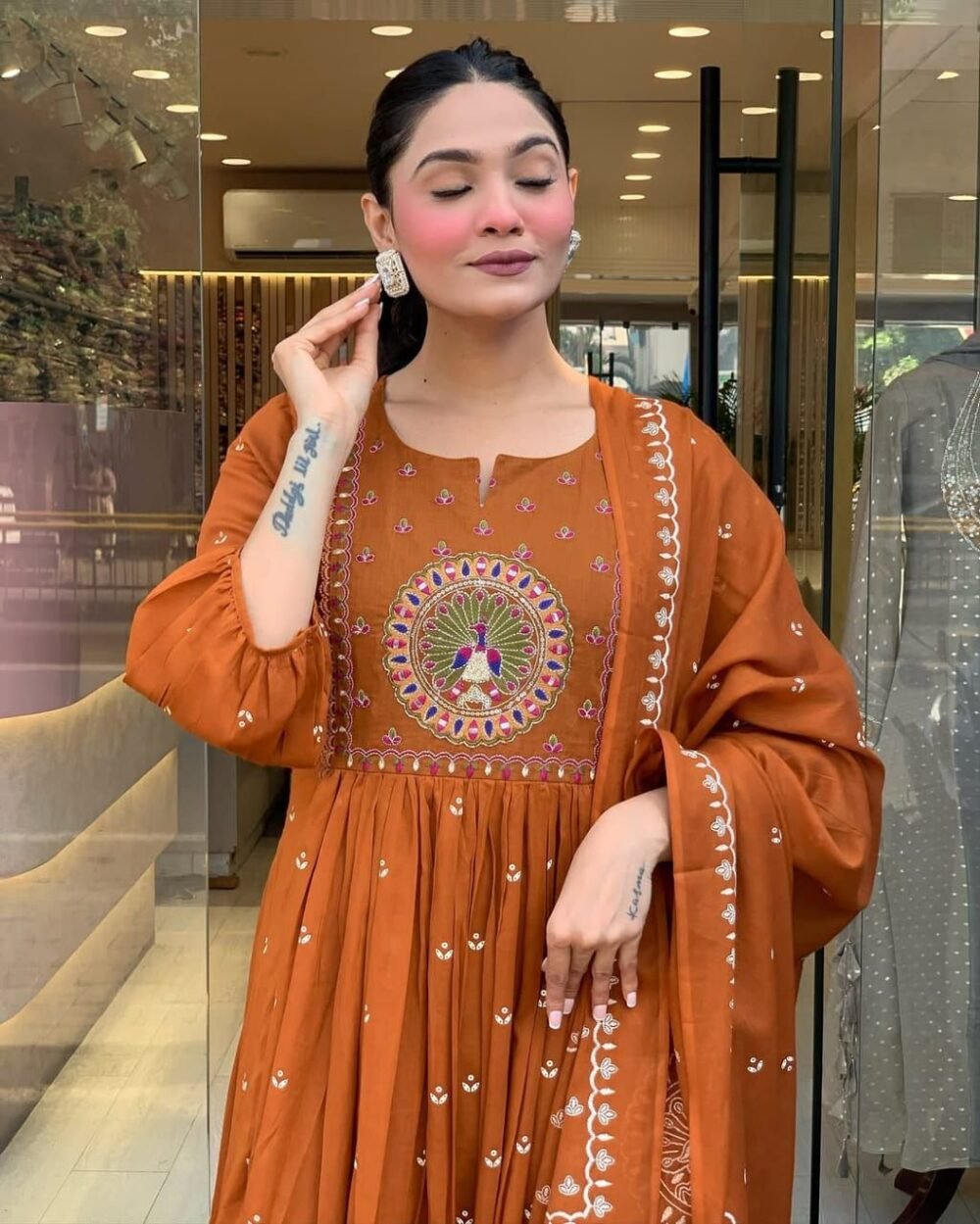 Anarkali Kurta Set with Embroidered Yoke & Malmal Dupatta - Image 8