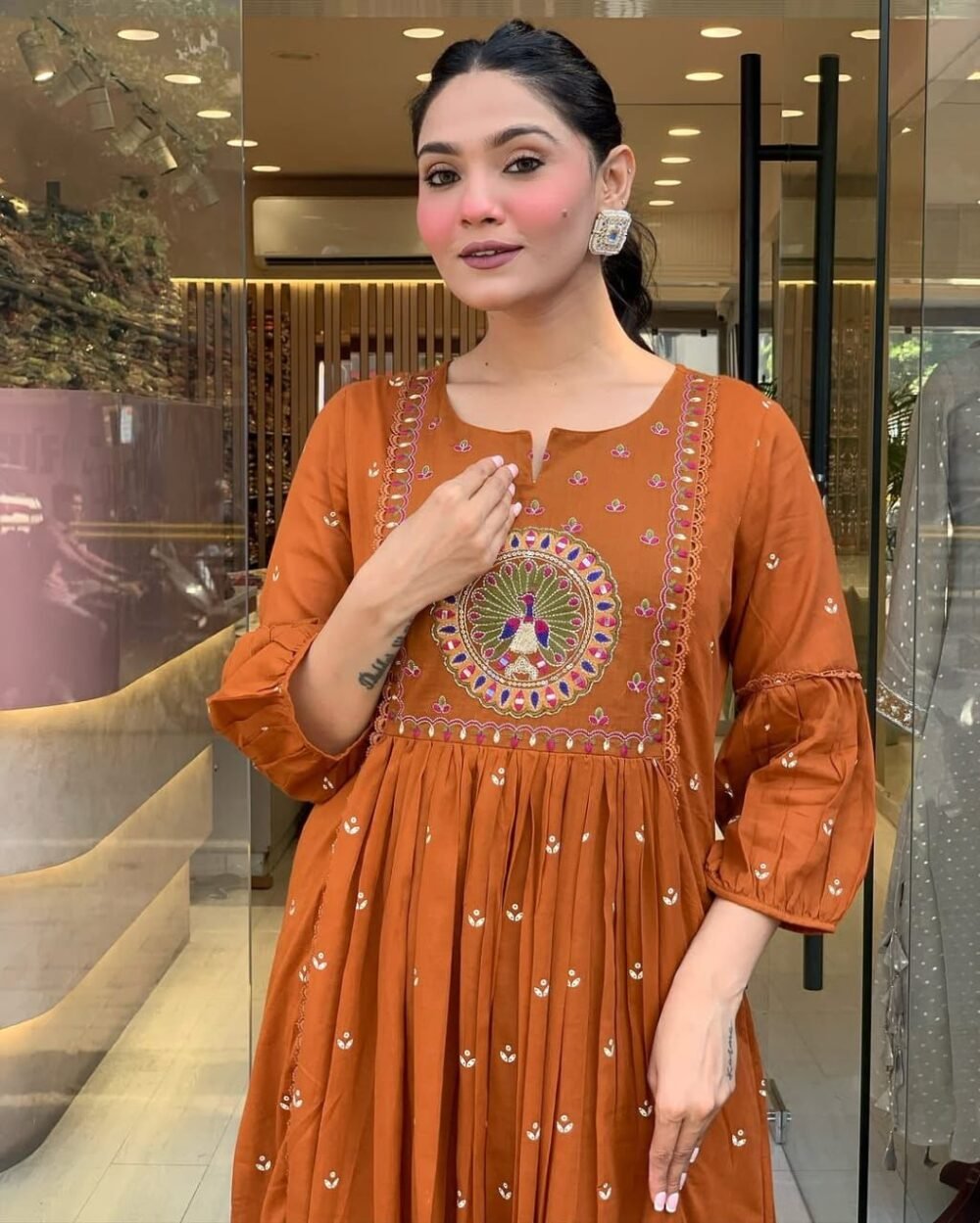 Anarkali Kurta Set with Embroidered Yoke & Malmal Dupatta - Image 6