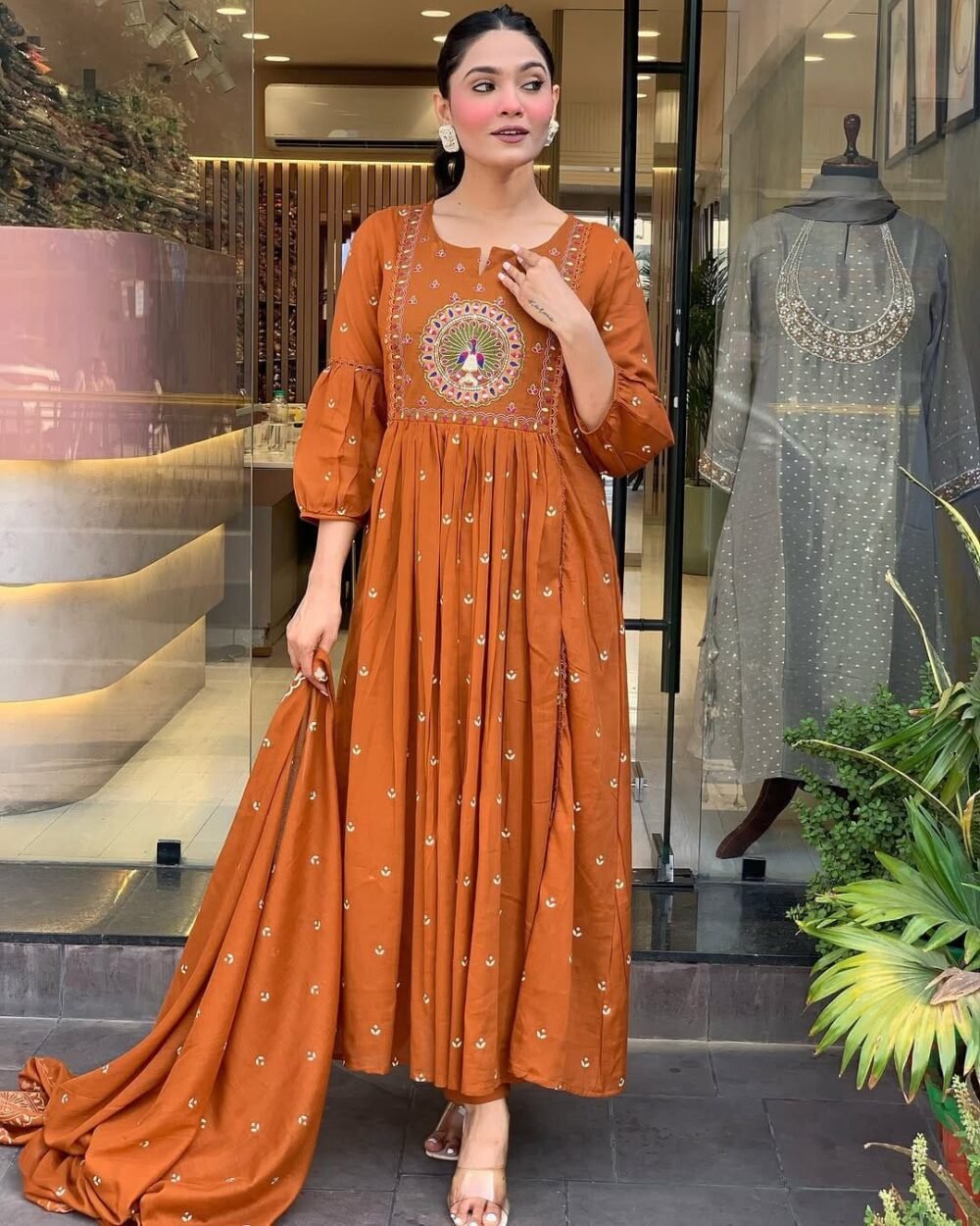 Anarkali Kurta Set with Embroidered Yoke & Malmal Dupatta