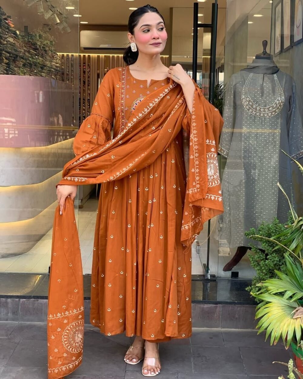 Anarkali Kurta Set with Embroidered Yoke & Malmal Dupatta - Image 4