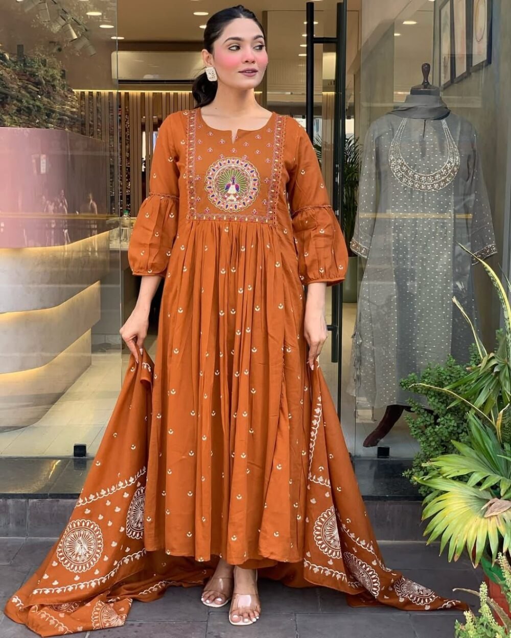 Anarkali Kurta Set with Embroidered Yoke & Malmal Dupatta - Image 2