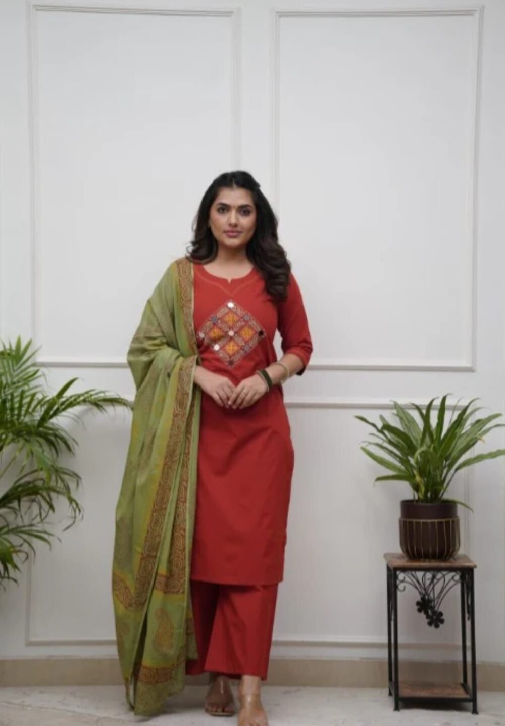 Cotton Embroidered Kurta with Pant & Dupatta Set - Image 2