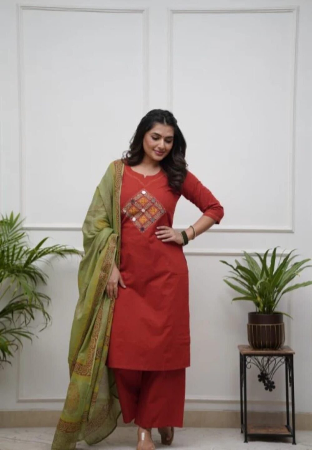Cotton Embroidered Kurta with Pant & Dupatta Set