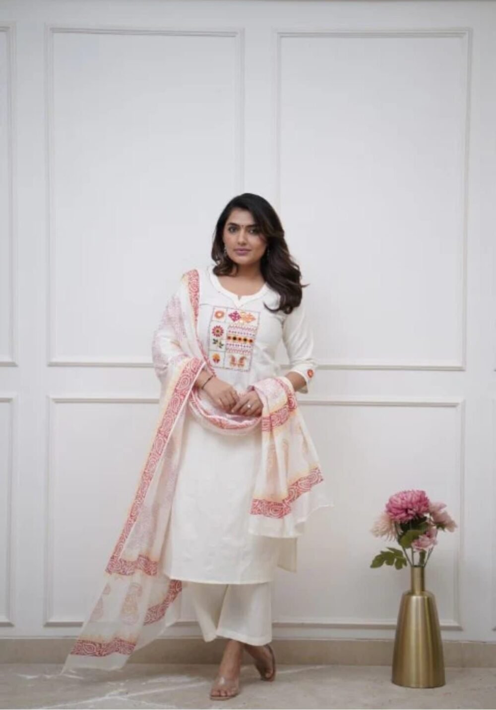 Cotton Embroidered Kurta with Pant & Dupatta Set - Image 7