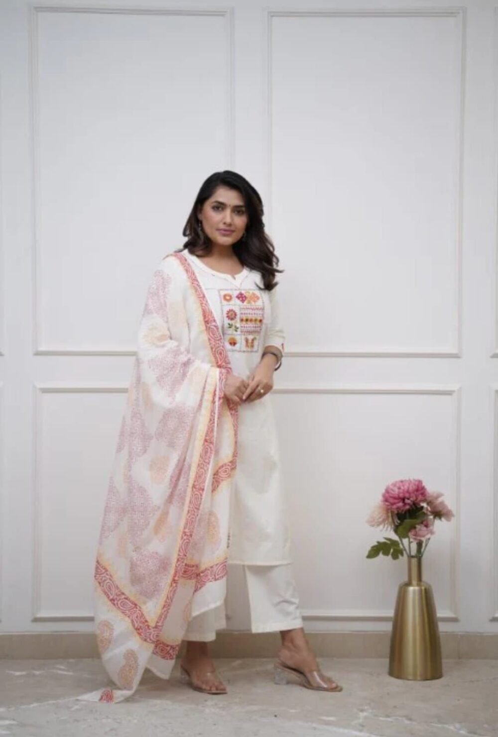 Cotton Embroidered Kurta with Pant & Dupatta Set - Image 2