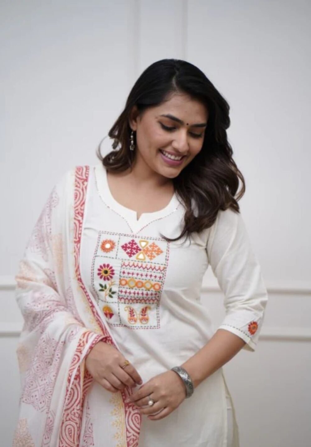 Cotton Embroidered Kurta with Pant & Dupatta Set - Image 4