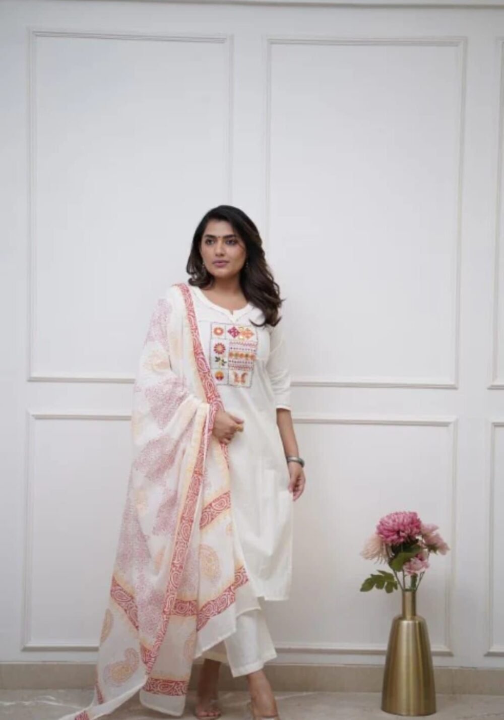 Cotton Embroidered Kurta with Pant & Dupatta Set - Image 5