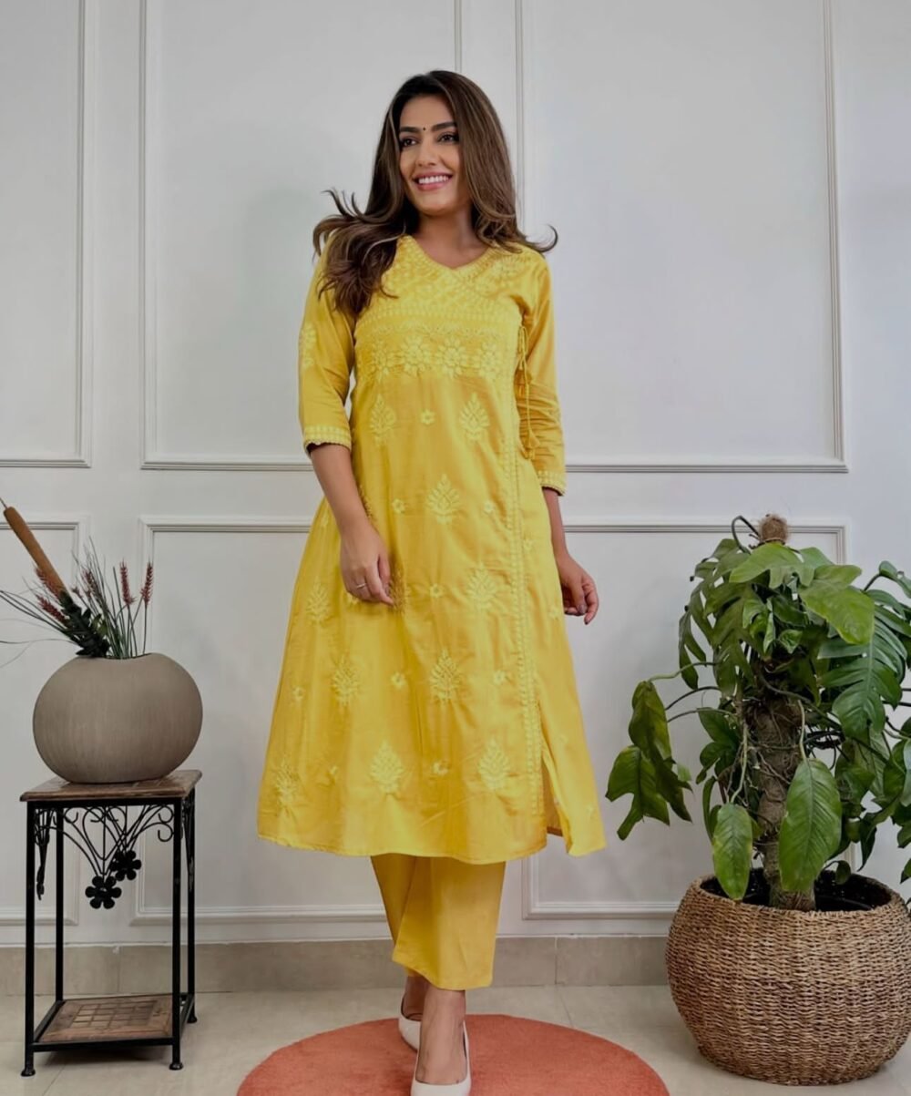 Cotton Chikankari Angrakha Style Kurti Set - Image 3