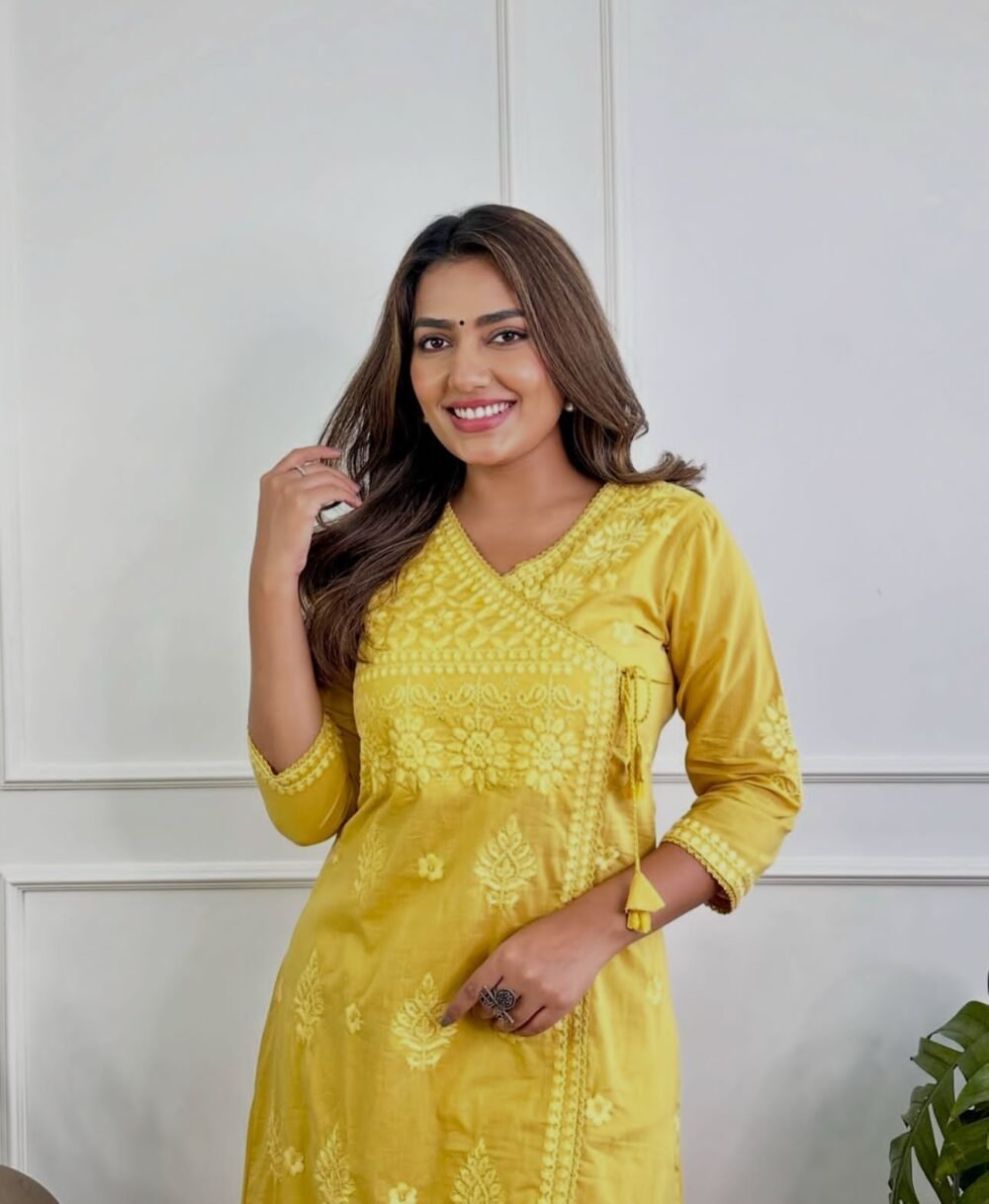 Cotton Chikankari Angrakha Style Kurti Set - Image 4