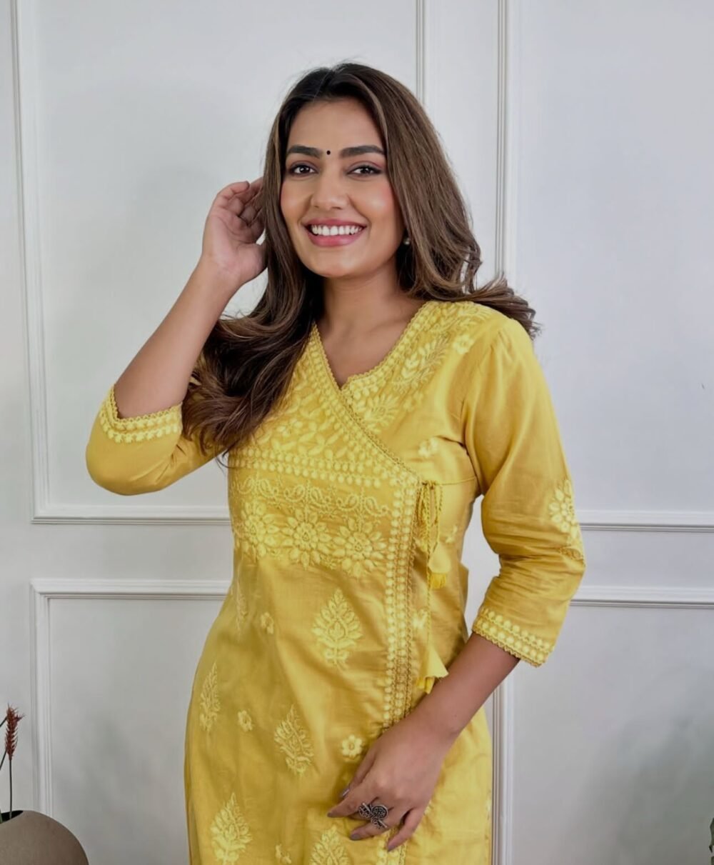 Cotton Chikankari Angrakha Style Kurti Set - Image 6