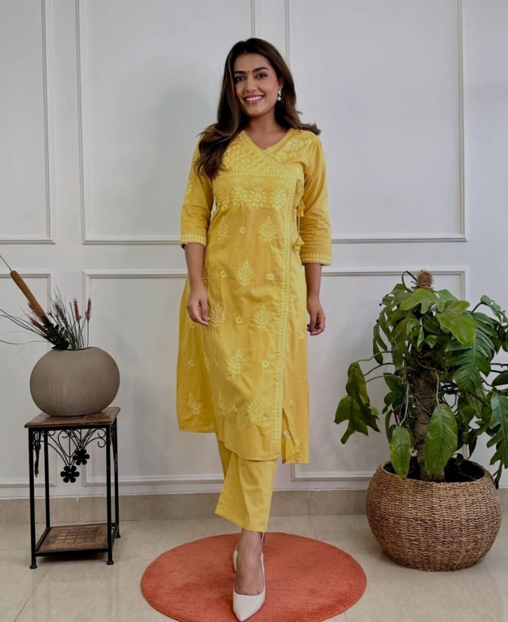 Cotton Chikankari Angrakha Style Kurti Set