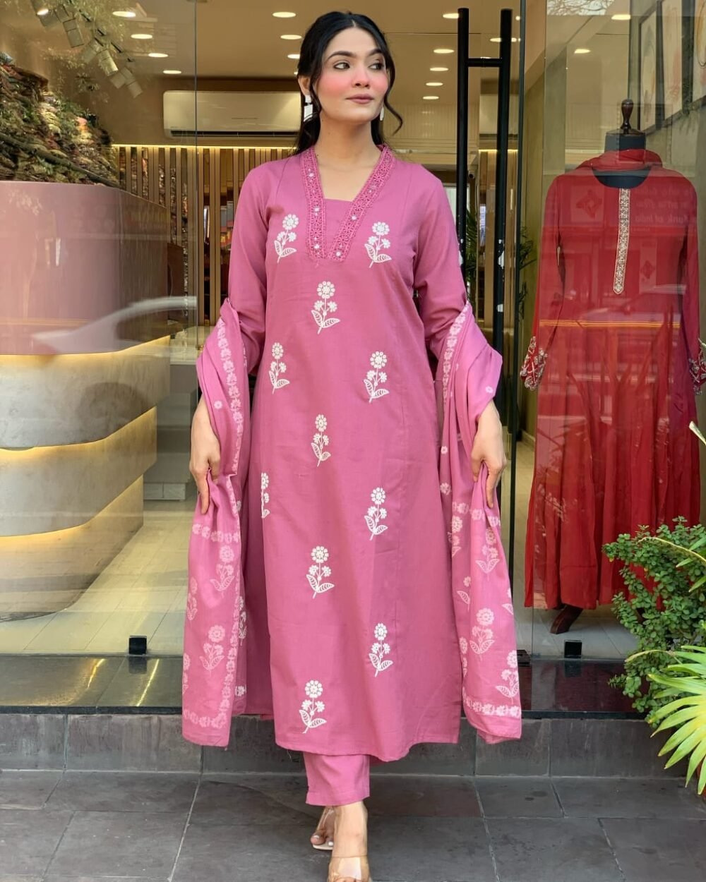 Pure Cotton Embroidered Kurti Set with Malmal Dupatta