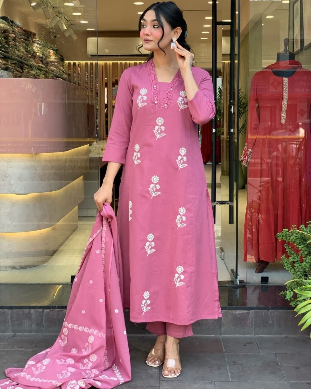 Pure Cotton Embroidered Kurti Set with Malmal Dupatta - Image 7