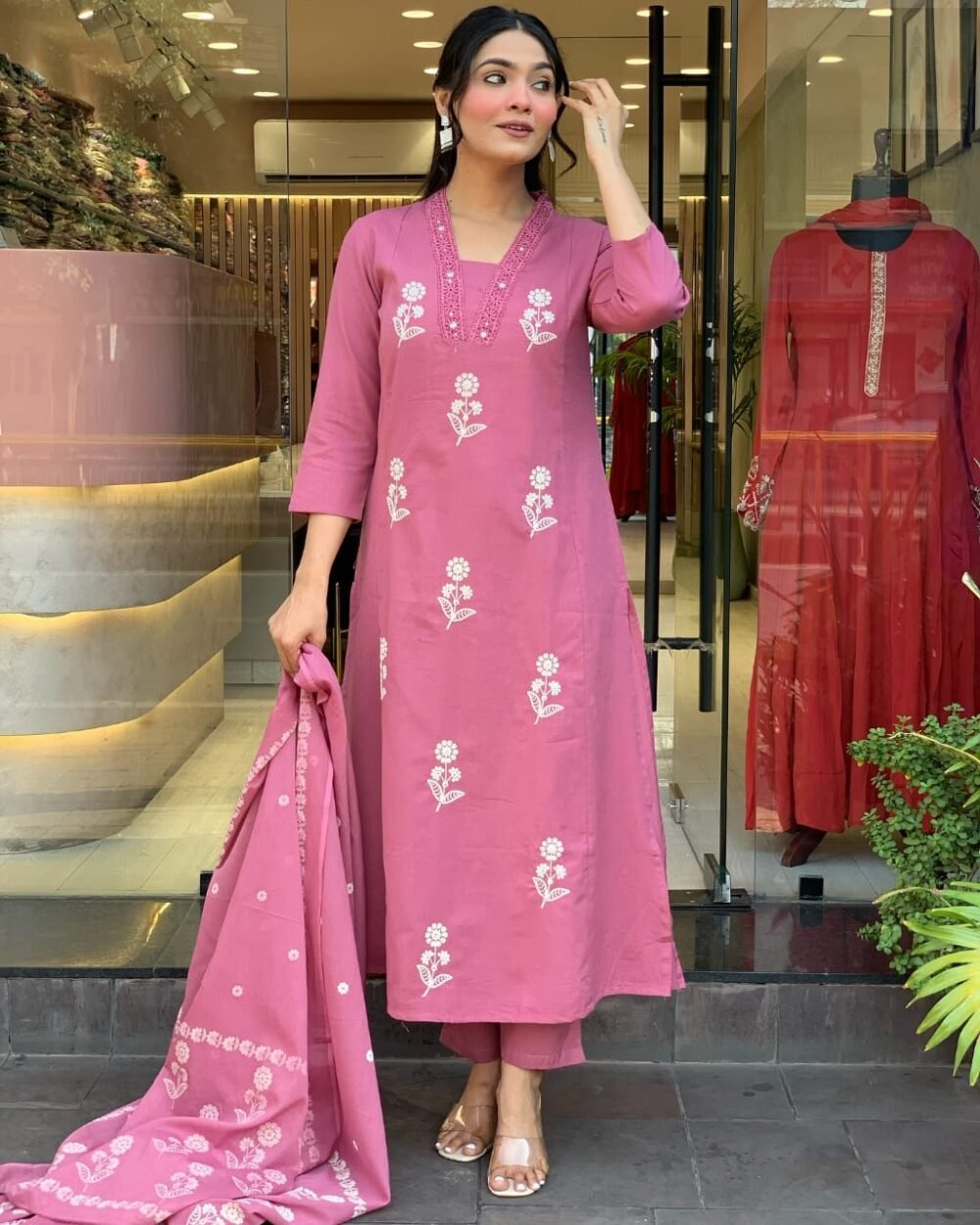 Pure Cotton Embroidered Kurti Set with Malmal Dupatta - Image 5