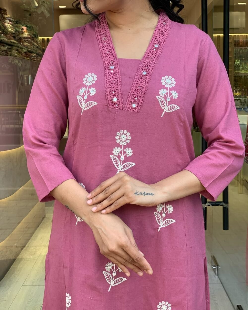 Pure Cotton Embroidered Kurti Set with Malmal Dupatta - Image 6