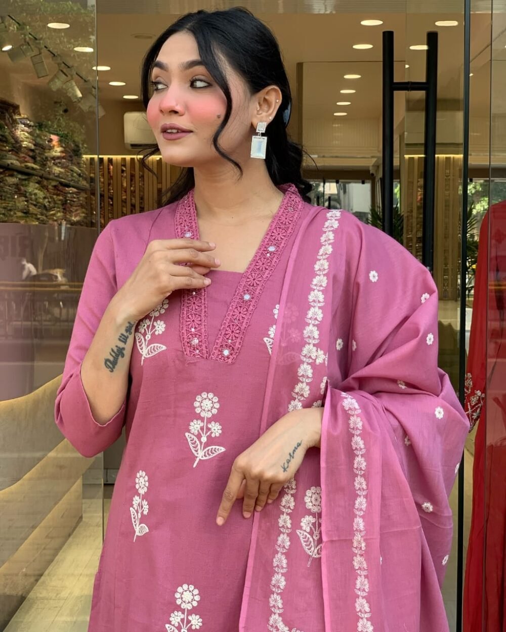 Pure Cotton Embroidered Kurti Set with Malmal Dupatta - Image 4
