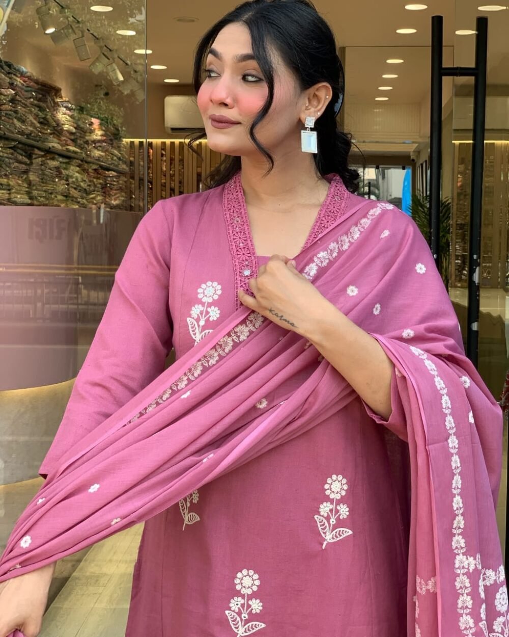 Pure Cotton Embroidered Kurti Set with Malmal Dupatta - Image 3