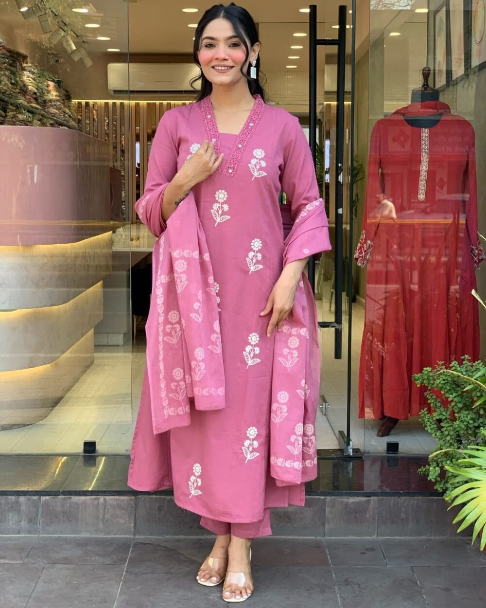 Pure Cotton Embroidered Kurti Set with Malmal Dupatta - Image 2