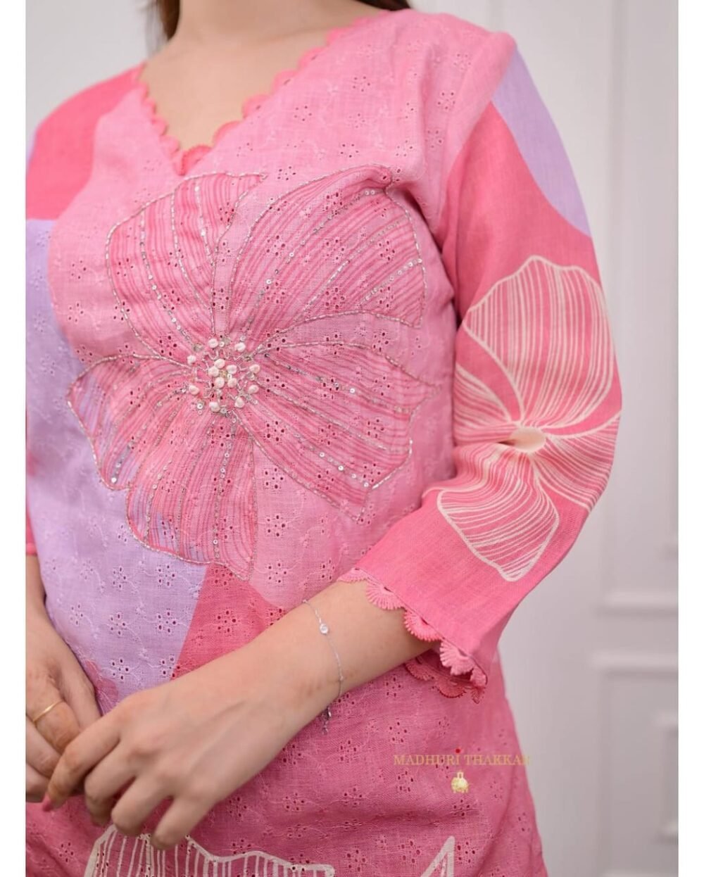 Digital Printed Hand Work Full Neck Lace Suit Set - Image 5