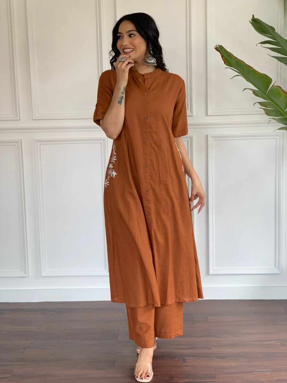 A-line Kurta Set with Hand Embroidery