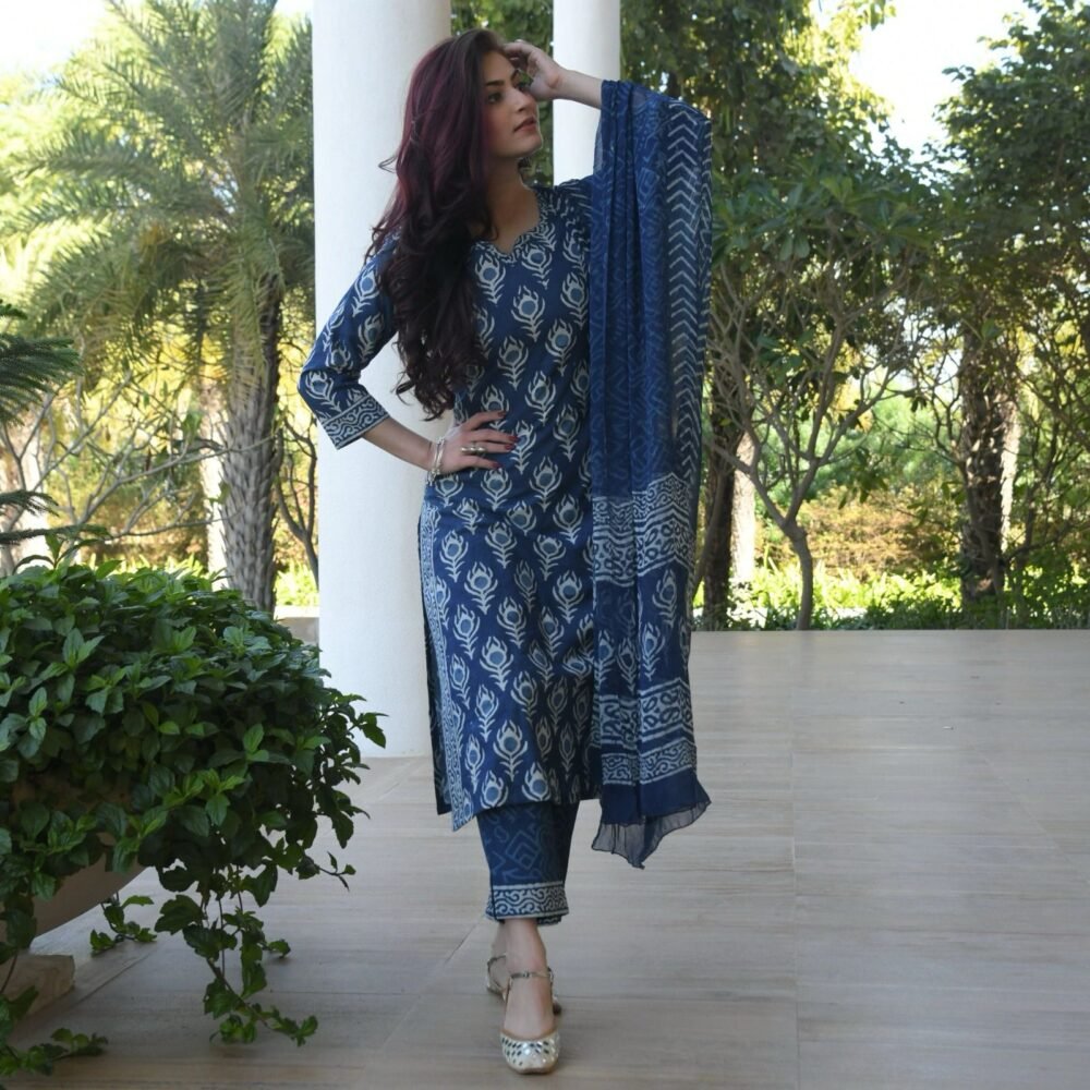 Beautiful Indigo Blue Kurti Pant with Dupatta Set - Image 7