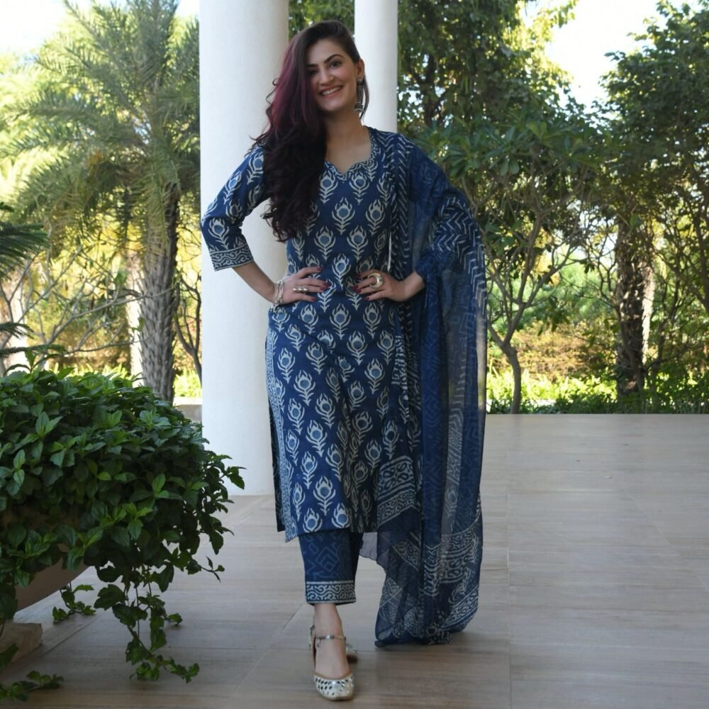 Beautiful Indigo Blue Kurti Pant with Dupatta Set - Image 8