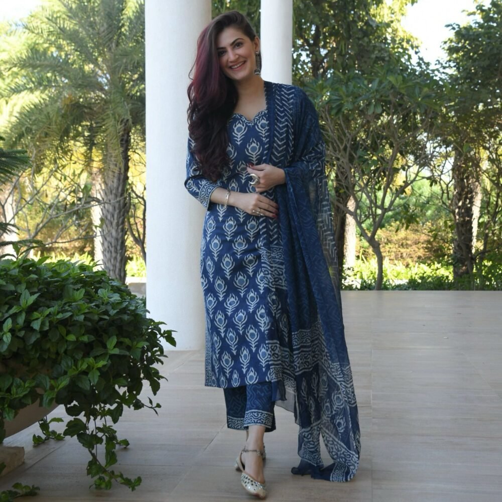 Beautiful Indigo Blue Kurti Pant with Dupatta Set - Image 3